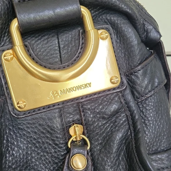 B. Makowsky Black Leather Shoulder Bag Satchel East West Gold Accent Zippers - Picture 2 of 16